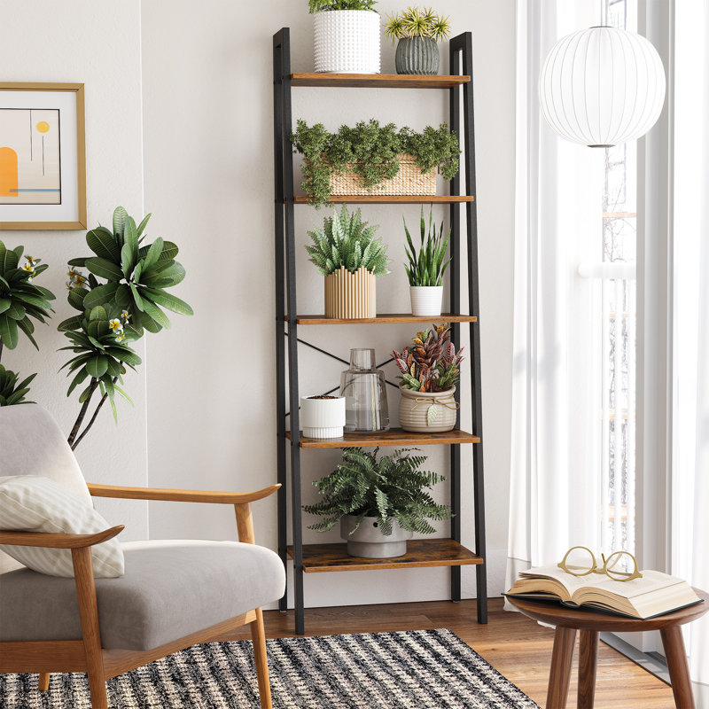 Jabari 67.7" H x 22" W Metal Ladder Bookcase, Black/Brown