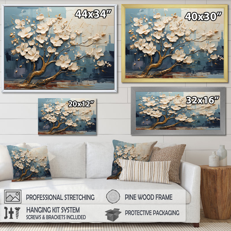 Orchidée bleue et blanche, jardin de branches VI - arbre, art mural, Cadre flottant doré, H 12 po x l 20 po x P 1 po