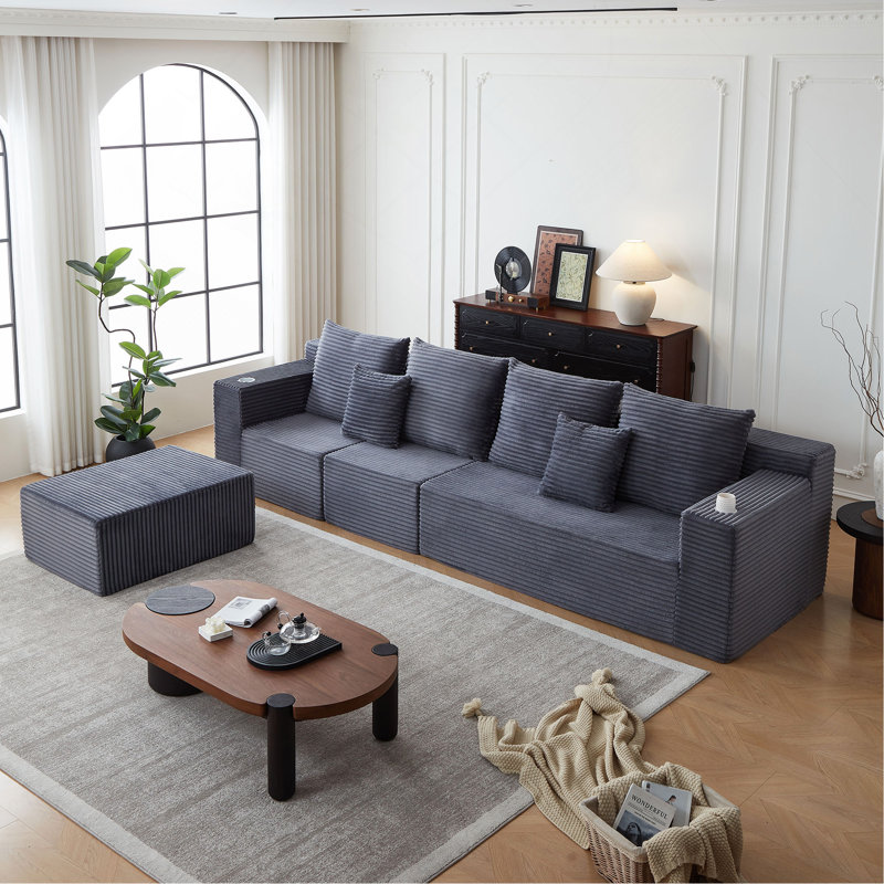 Canapé modulaire profond en velours côtelé avec porte-gobelets, Gris