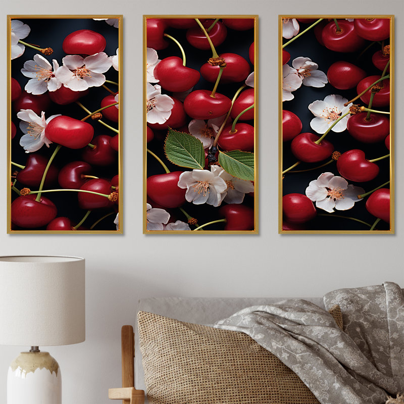 Red Cherry Sundae Delight - Art mural cerise, Cadre flottant doré, H 40 po x l 60 po