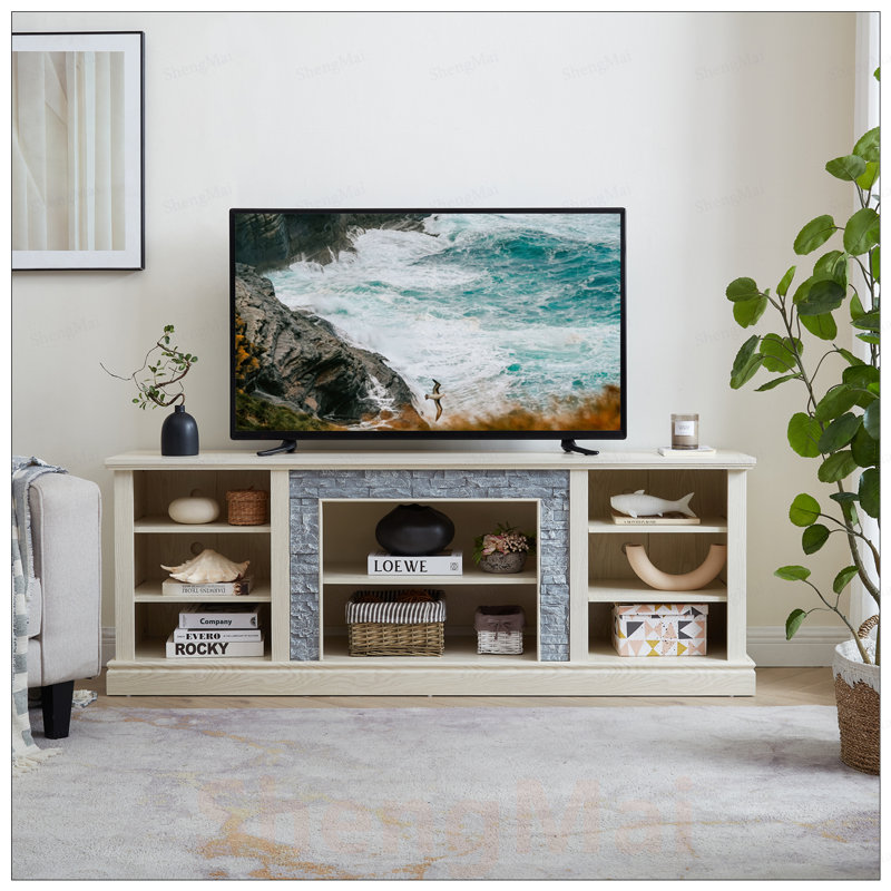 Grand support de rangement pour bureau de télévision avec fausses pierres empilées, console média avec amplement d'espace de rangement, meuble de divertissement moderne