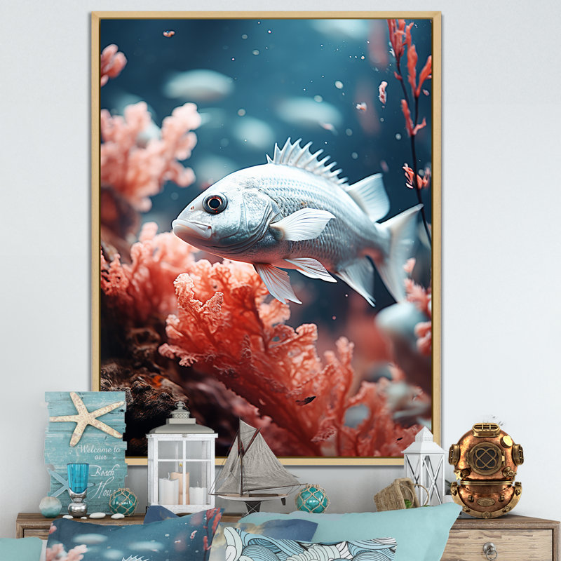 Danse de poissons monochrome bleue et grise, H 32 po x l 24 po x P 1 po, Cadre naturel flottant