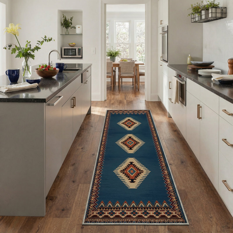 Southwestern Tribal Medallion Machine Washable Blue / Beige / Red Indoor Area Rug with Non-Slip Backing, Runner 2'6" x 8'