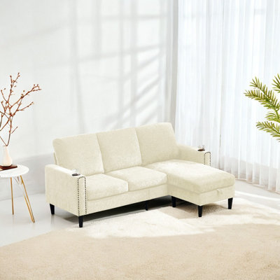 Modern Sofa Design Chenille 3 Seat L-Shape Sectional Sofa With Storage Chaise  Apartment, Studio, Office,,L Shape-Off White