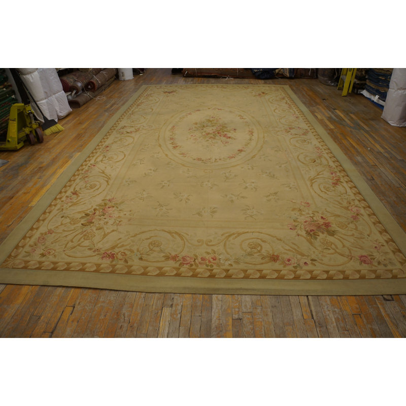 Antique Aubusson Large Room Size Wool Ivory Rug