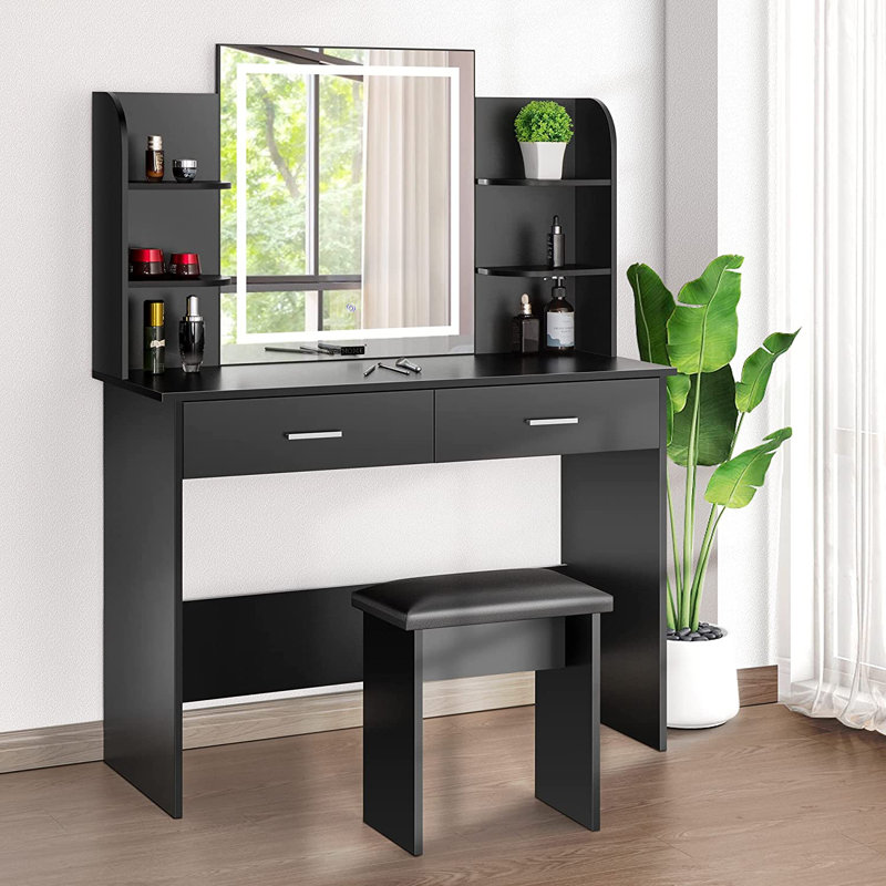 Decorian Makeup Vanity Table Set With 3-colour Dimmable Lighted Mirror, Black