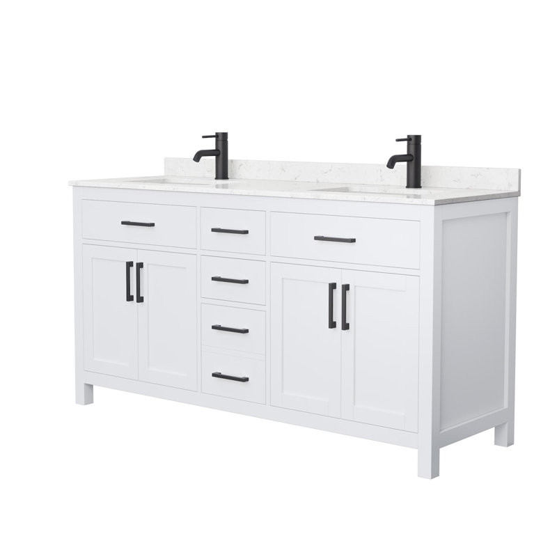 Beckett 66" Freestanding Double Bathroom Vanity with Cultured Marble Top, White, Carrara Cultured Marble, Matte Black
