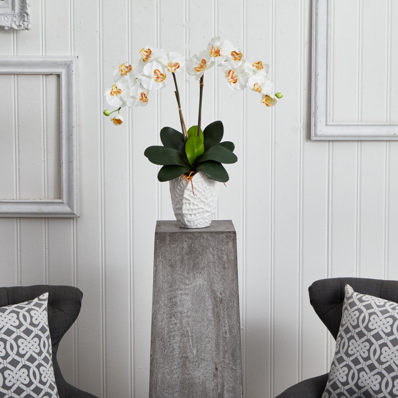 Agencement floral à double phalaenopsis en soie dans un pot de fleurs