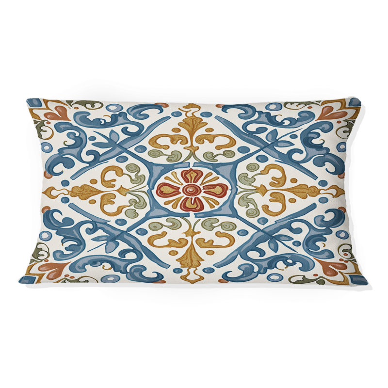 Mediterranean Tiles In Retro Blue V - Abstract Tile Printed Throw Pillow