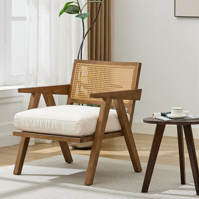 Mid Century Modern Accent Chair, Rattan Back Armchair with Thick Cushion & Sturdy Wood Legs, Comfy Lounge Chair for Living Room Bedroom, Easy Assembly, Beige