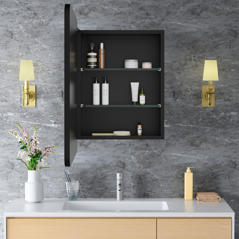 16" W x 24" H Fruzsina Modern Iron Framed Surface/Recessed Mount Medicine Cabinet with Mirror, Adjustable Glass Shelves, Dimmable Lighting, Anti-Fog and Memory Function for Makeup, Shaving or Bathroom Vanity Storage