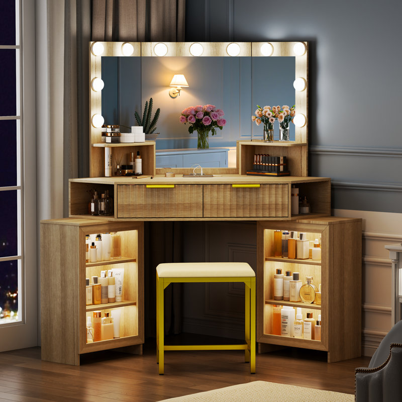 Dressing Table with Motion Sensor 3-colour lighting, Charging Socket and Stool, Beige