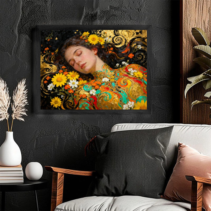 «Black Gustav Klimt», art abstrait avec femme et fleurs, H 11 po x l 9 po