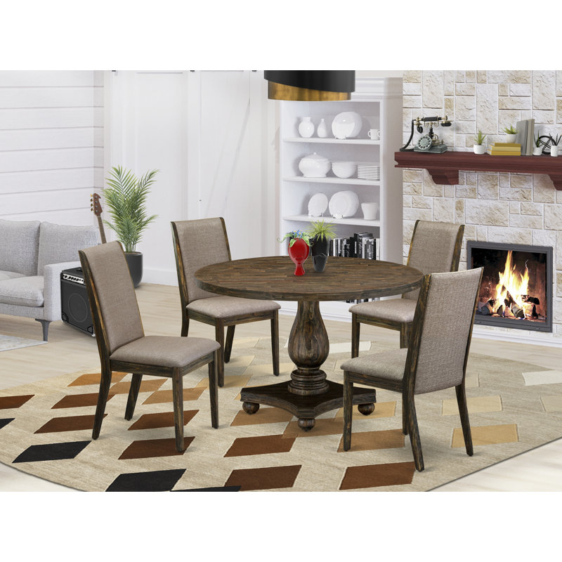 5 Piece Dining Set Includes a Round Dining Room Table with Pedestal and 4 Dark Khaki Linen Fabric Upholstered Parson Chairs, Distressed Jacobean