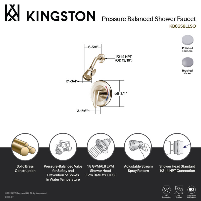 Kingston Brass Single-Handle Pressure Balanced Shower Faucet, Brushed Nickel