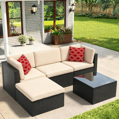 Ensemble de conversation modulaire d'extérieur 5 pièces, causeuse en osier PE et repose-pieds avec coussins moelleux, table basse en verre, meubles de patio toutes saisons pour la cour, le porche et le jardin (beige et rouge)