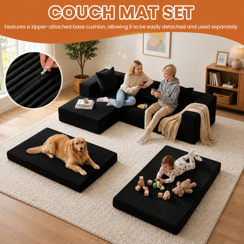 Canapé-lit convertible pliable en trois parties de 200 cm (79 po), futon modulaire en velours côtelé avec méridienne en L, canapé nuage, aucun assemblage requis pour le salon et les petits appartements