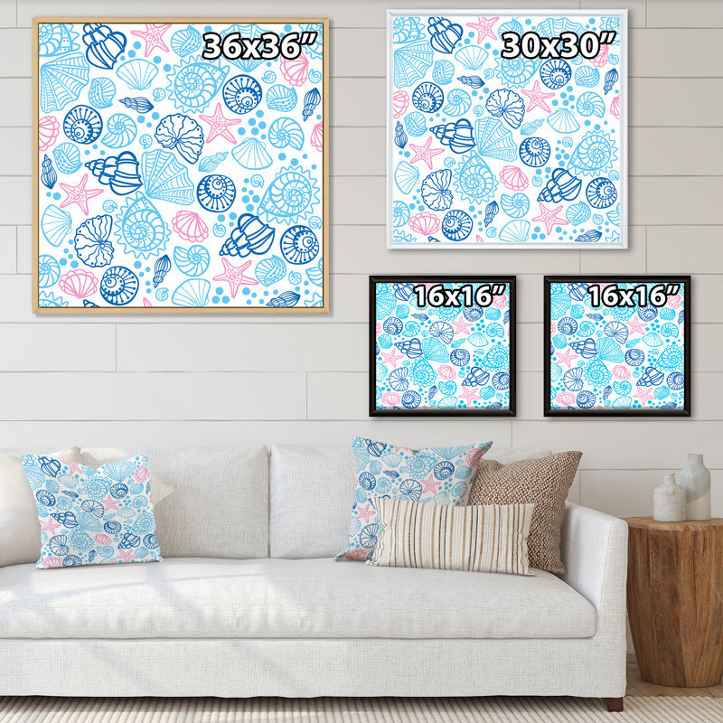 «Red Sea Stars With Blue Seashells», reproduction d'art sur toile à motifs, H 16 po x l 16 po x P 1 po, Cadre flottant noir