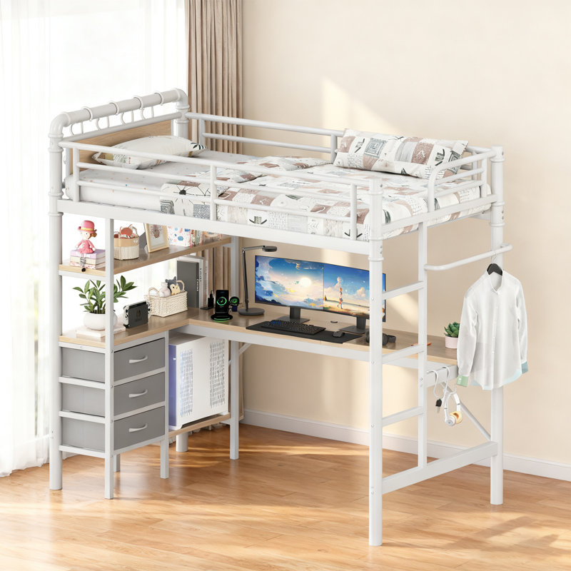 Atreo Metal L - Shaped Desk Loft Bed Frame With LED Lighting & 3 Fabric Drawers, Ideal For Small Apartments, White/Natural