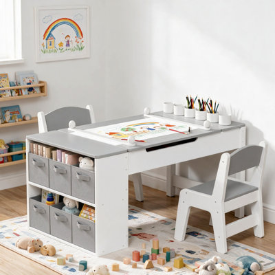 Ensemble de table et chaises pour enfants Philippe, table de bricolage en bois 3 en 1 avec 2 chaises, grands bacs de rangement, porte-rouleau de papier et gobelets à peinture, bureau de jeu de dessin pour tout-petits pour la garderie en classe à domicile