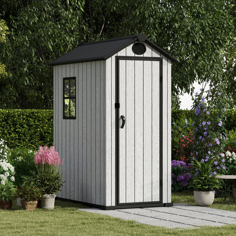 Remise de rangement d'extérieur en résine EHHLY 3,4 x 5,3 pi, remise à outils de jardin de 125 pieds cubes et remise en plastique avec plancher, remise de jardin de 7 pi pour tondeuse à gazon avec fenêtre latérale, gris ciment