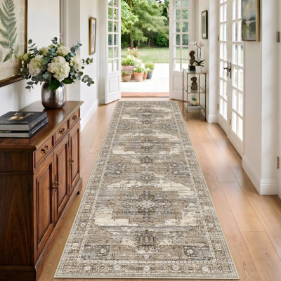 Washable Rugs - Large Boho Rugs for Living Room Stain Resistant Carpet Vintage Tribal Rugs for Bedroom Kitchen Bathroom Non Slip Backing Home Decor Floor Decoration Mat Beige
