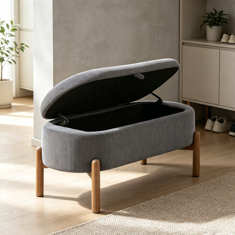 Banc de rangement avec assise rembourrée en velours côtelé gris et pieds en bois massif 1 pièce, Gris