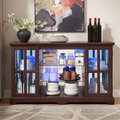 Armoire basse à 2 grilles avec bande lumineuse RVB en couleur et poignées rétro, 2 tablettes réglables à 2 niveaux, armoire de rangement en verre multifonctionnelle pour la salle à manger, le salon, la chambre à coucher, le salon