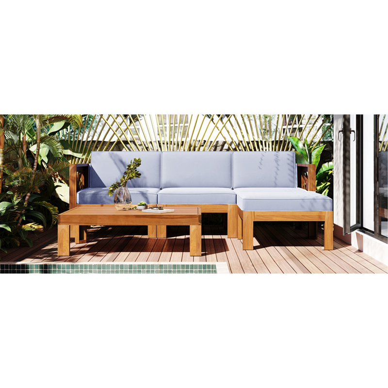 5 canapés modulaires d'extérieur, bois naturel, coussins gris, 2 canapés d'angle, 1 sans accoudoirs, table à thé pour bois calme 5, finition, articles