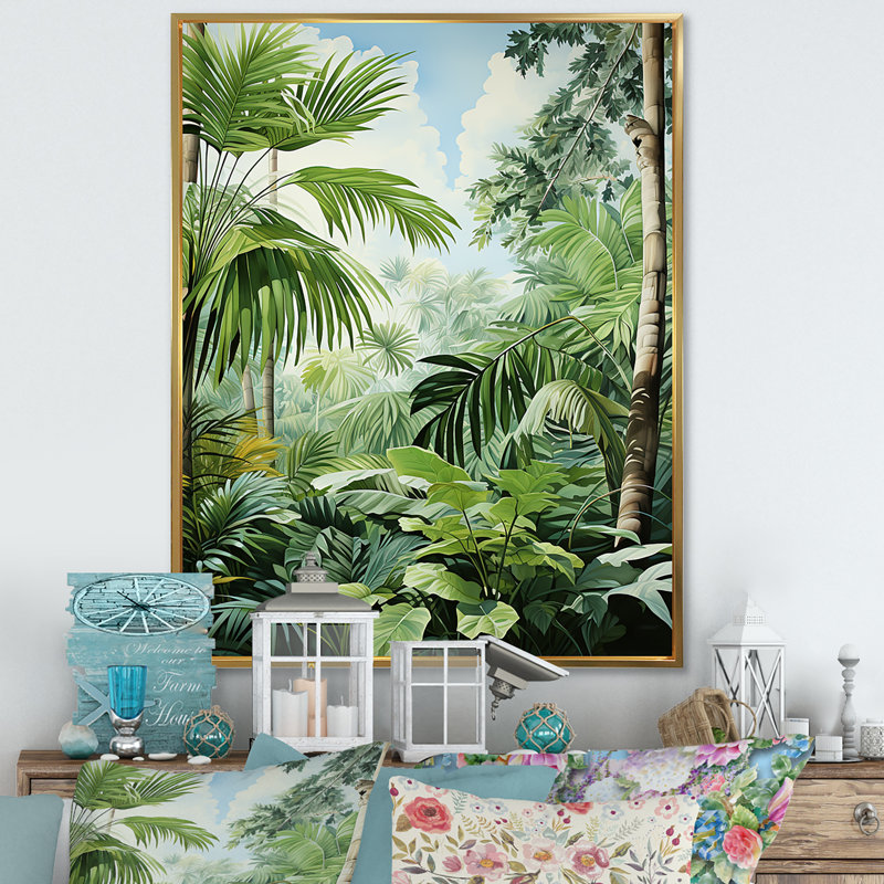Minimalisme, jungle tropicale, tranquillité, palmiers sur toile, H 32 po x l 16 po x P 1 po, Cadre flottant doré