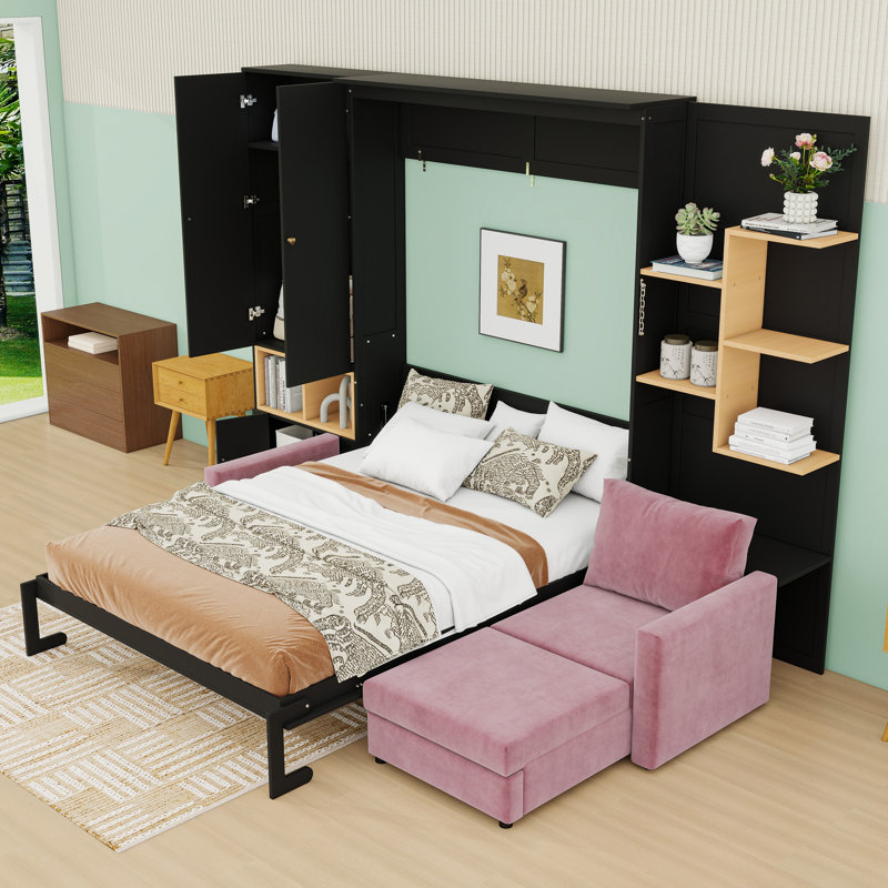 Grand lit escamotable avec canapé intégré et tablettes de rangement, Noir