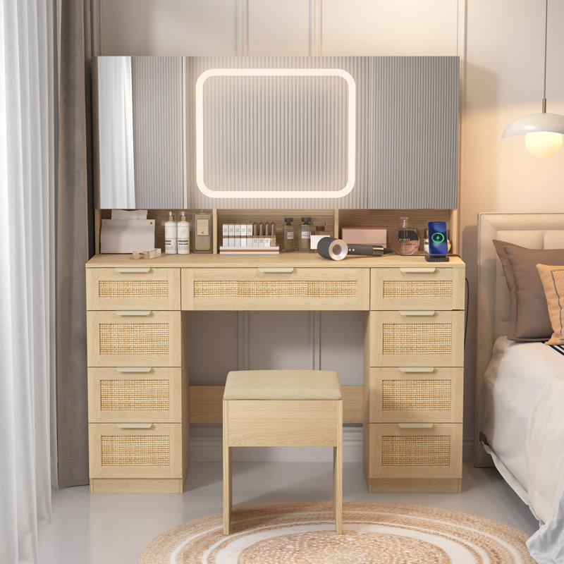 Grand ensemble de coiffeuse avec lumières, prise USB et prise de courant et 9 tiroirs