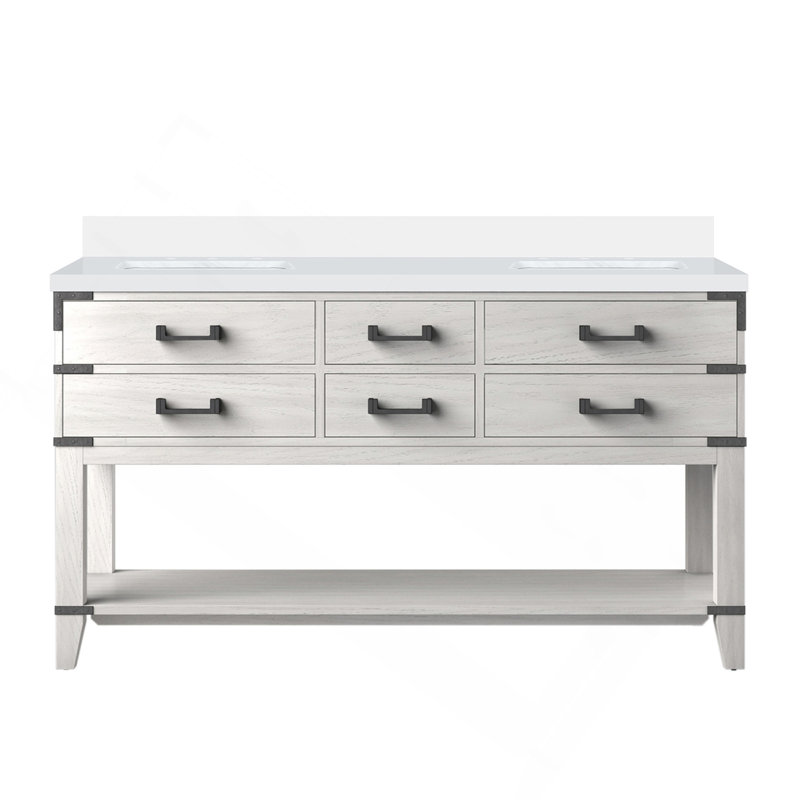 Meuble-lavabo double en chêne blanc 60 po X P 22 po D, avec plateau en quartz blanc, H 34,12 po x l 60 po x P 22 po