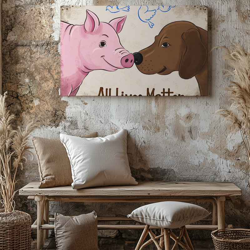 Toile dans une illustration colorée fantaisiste, un cochon rose avec un art mural, H 9 po x l 12 po