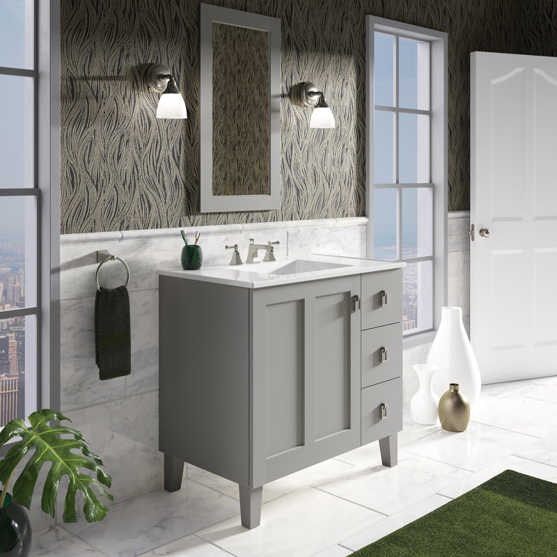 Poplin® 36 In. Vanity with Furniture Legs, 1 Door and 3 Drawers on Right, Mohair Gray