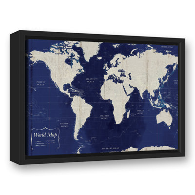 Carte du monde bleu marine encadrée sur toile