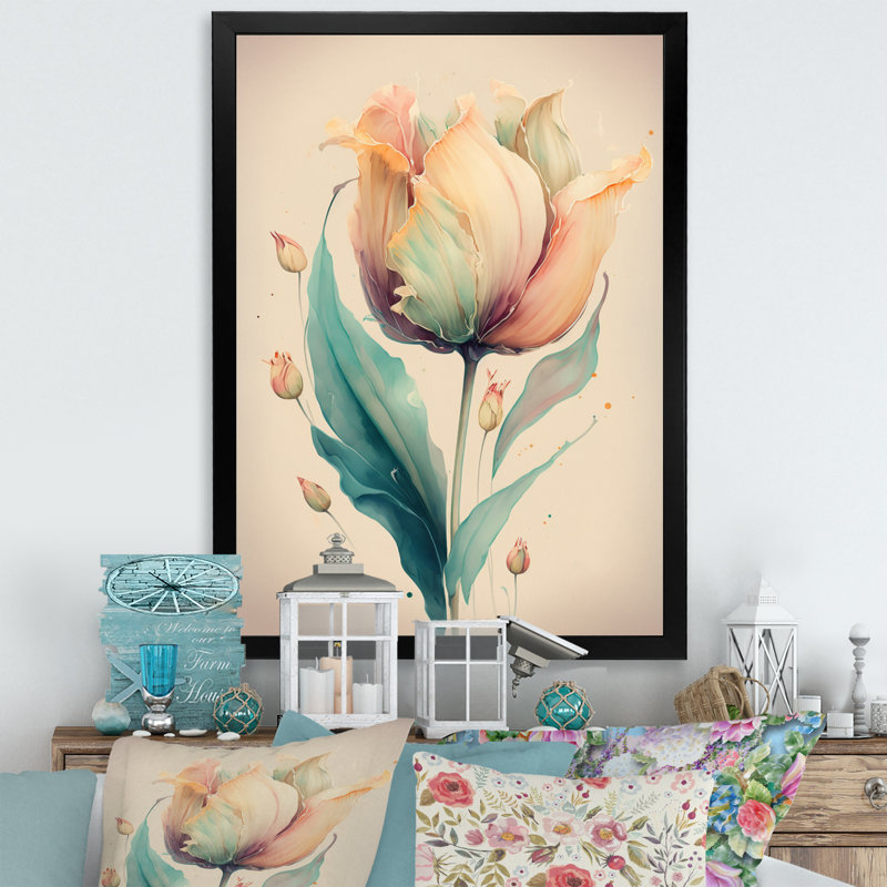 " Soft Tone Tulip ", Black Closed Corner Framed Canvas, 44" H x 34" W x 1.5" D