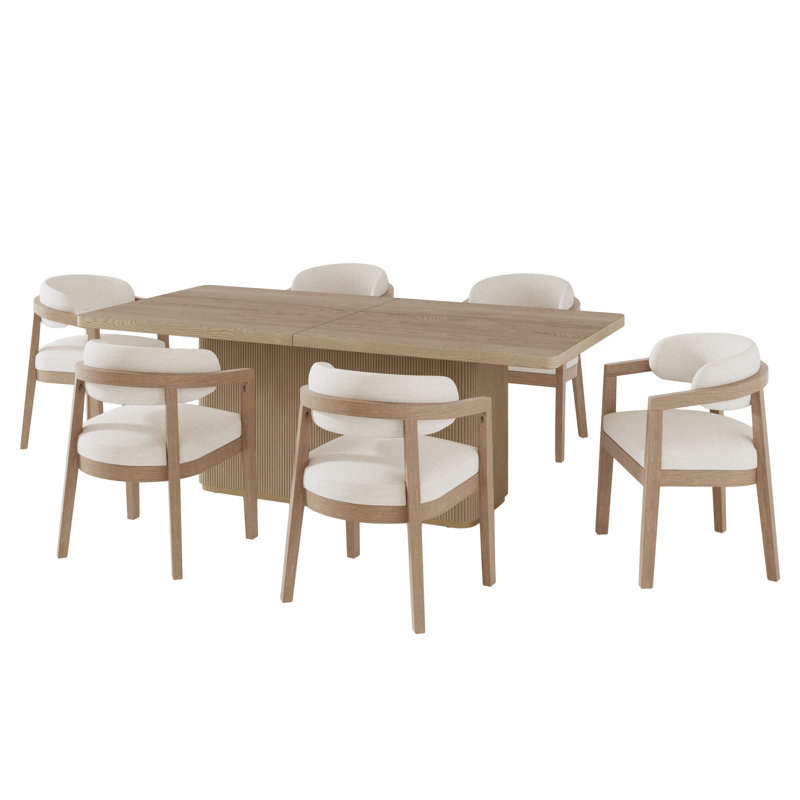 Freyda 7-Piece Mid-Century Modern Dining Set With Pillar Table Base And Upholstered Chairs