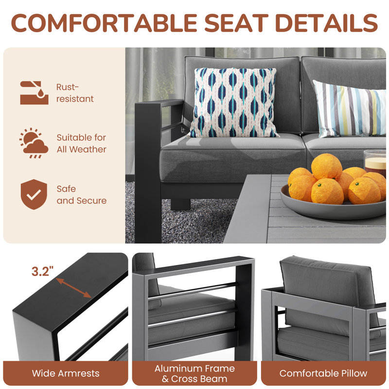 Ensemble de conversation pour patio pour 7 personnes avec coussins, Gray Cushion/Gray Frame
