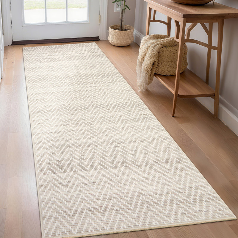 Tapis de couloir lavable rayé sans bordure 2 pi x 6 pi - Tapis antidérapant et antidérapant pour cuisine de couloir, Beige