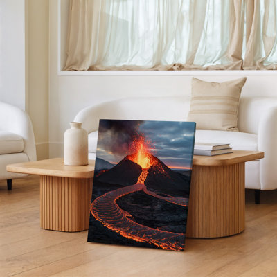 Canvas A Majestic Volcano Erupts Dramatically In The Foreground Spewing Vibrant Wall Art Orange And Red Lava Into The Sky With A Plume Canvas Wall Art