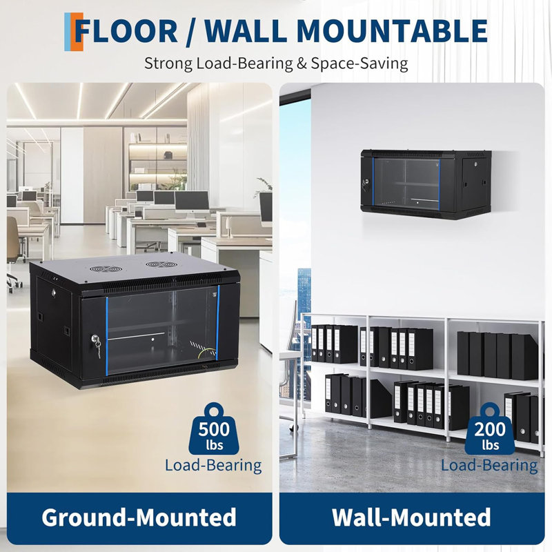 Wall Mount Network Cabinet - Server Rack Enclosure with Locking Glass Door & Removable Side Panels, IT/AV Equipment Rack for Secure Data and Audio-Visual Installations