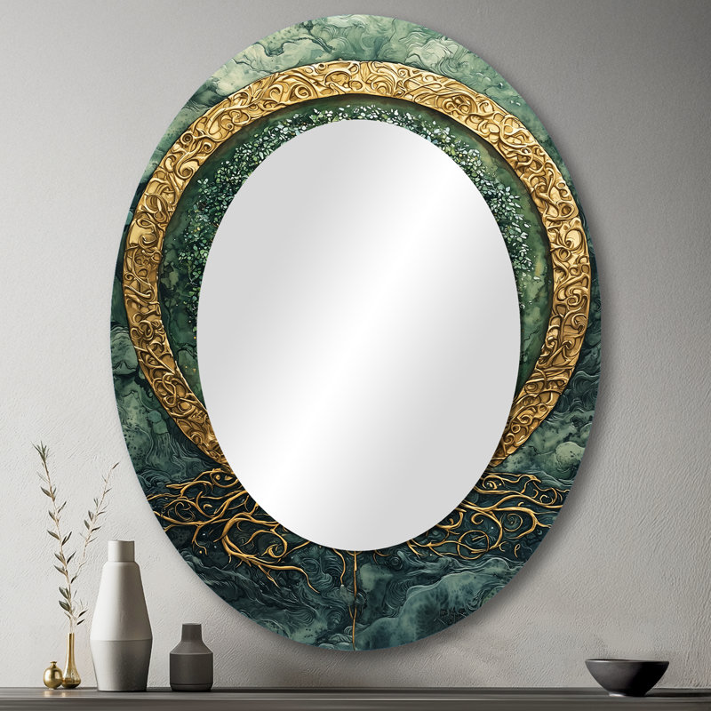Un arbre de vie vert en racines célestes - Paysages, miroir décoratif ovale sur métal, 43 po x 33 po