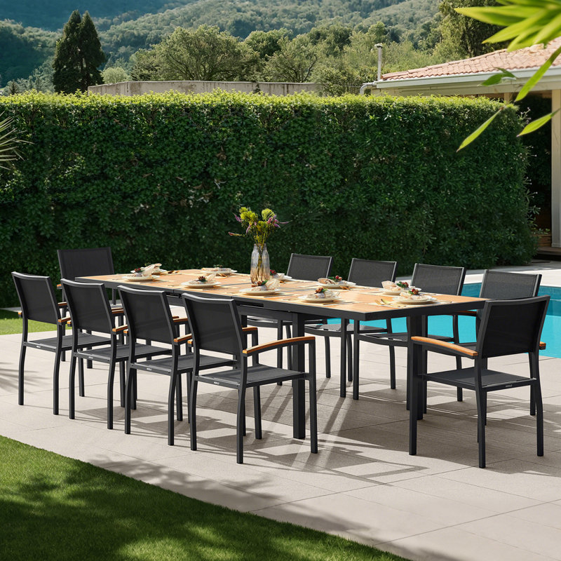 Ensemble repas d'extérieur rectangulaire pour 10 personnes avec plateau en teck Heck, Gris anthracite foncé, 10