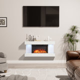 Wall Mounted Led Electric Fireplace With Floating Mantel,Remote Control Adjustable Heat
