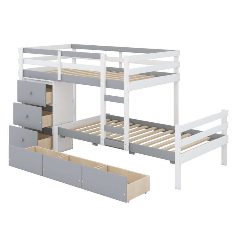 Lit superposé Loft avec tiroirs et échelle, gris