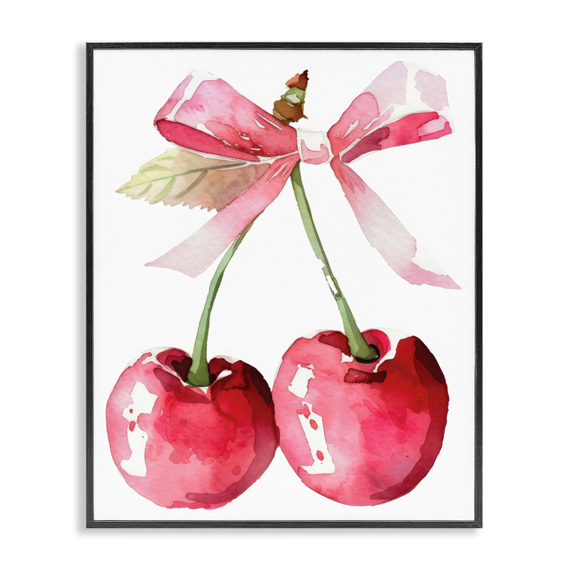 «Cherries with Chic Pink Bow», dessin de Creative Studio, H 14 po x l 11 po, Giclée encadrée noir minuit