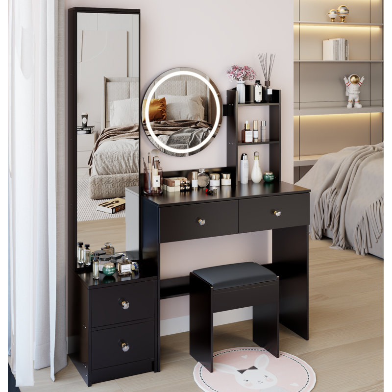 Full Body Mirror Cabinet + Round Mirror LED Vanity Table + Cushioned Stool, 17" Diameter LED Mirror, Touch Control, 3-Color, Brightness Adjustable, Large Desktop, Multi-Layer High Capacity Storage