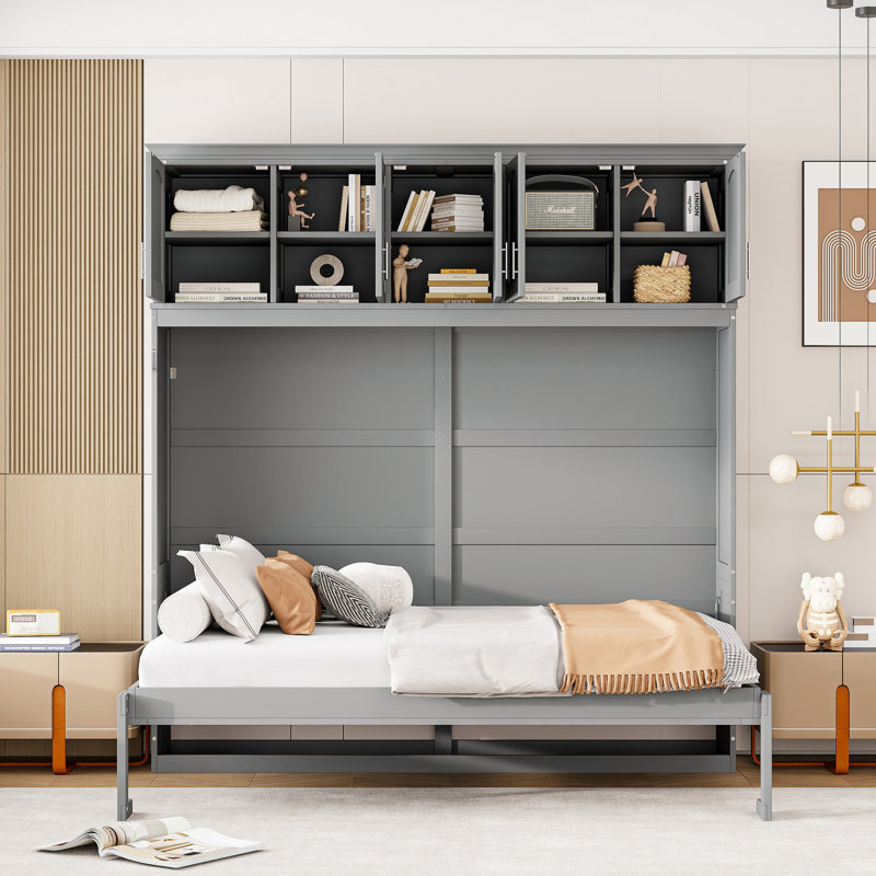 Lit escamotable double pleine grandeur avec armoires supérieures pour un sommeil confortable et peu encombrant, gris