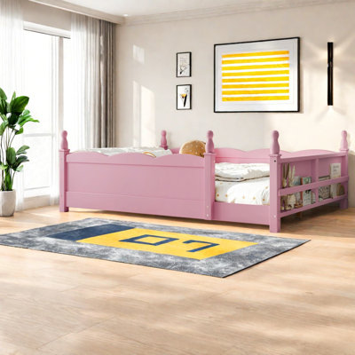 Lit double avec rangement Montessori, structure en bois rose pour chambre d'enfant